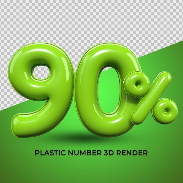 3D render  numbers percentage 90 green color for discount, progress, sales, element design
