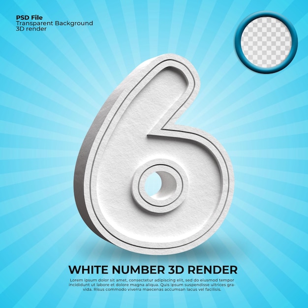 3D render nummer 6 papier textuur witte kleur