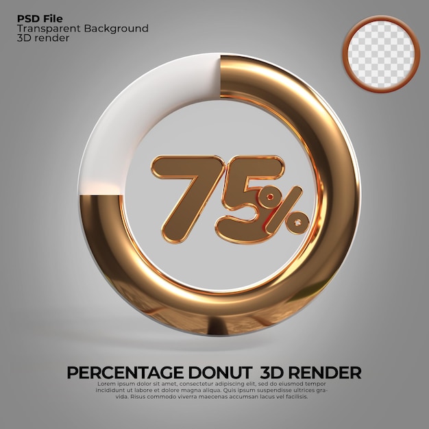 3d render nummer 75 procent donut voor voortgangsrapport infographic gouden stijl