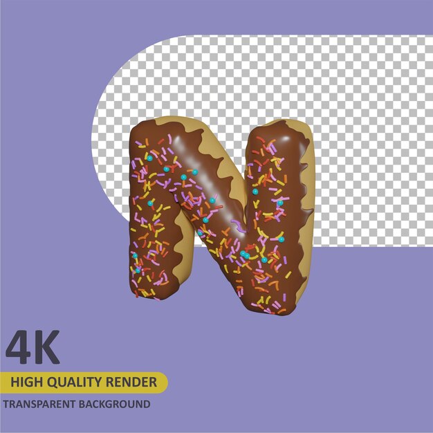 PSD 3d render object modellering donut alfabet letter n ontwerp