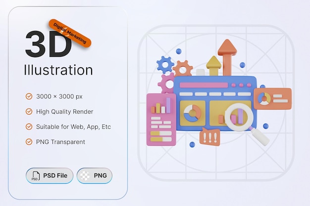 3d render object set digital marketing for modern design application and web