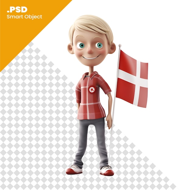 PSD 白い背景のpsdテンプレートに分離されたデンマークの旗を握っている少年の3dレンダリング
