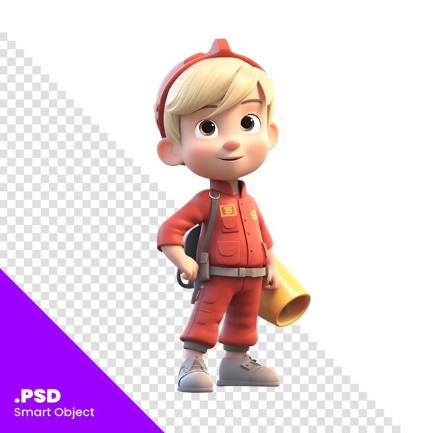 PSD 消火器を持った消防士の制服を着た少年の3dレンダリング psdテンプレート