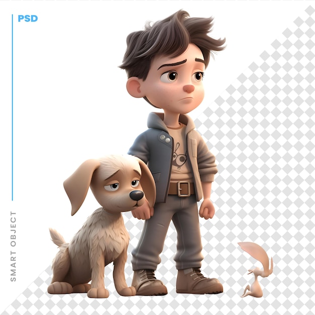 PSD 3d визуализация мальчика с собакой на белом фоне