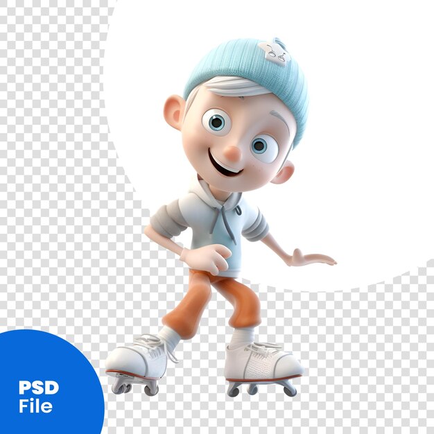 PSD ⁇ 색 배경 psd 템플릿에 롤러 스케이트를 가진 만화 캐릭터의 3d 렌더링