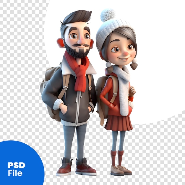 PSD 冬のクリッピング パス psd テンプレートと漫画のカップルの 3 d レンダリング