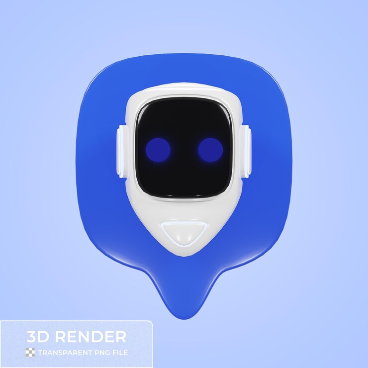 PSD 3d render of a chatbot icon in a blue speech bubble