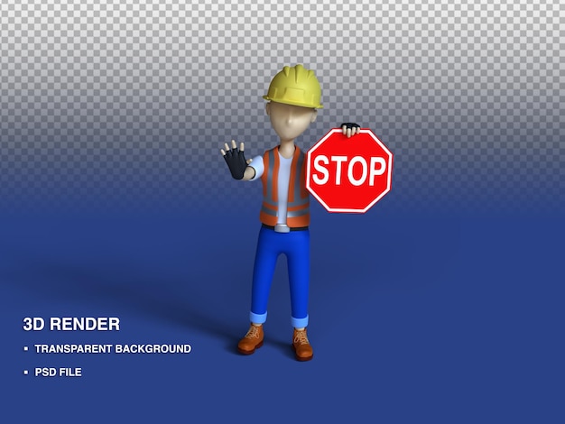 PSD 안전 헬멧을 착용하고 정지 신호를 들고 있는 건설 노동자의 3d 렌더링, psd 파일
