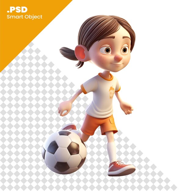 PSD サッカーボールのpsdテンプレートを持つ可愛い漫画の女の子の3dレンダリング