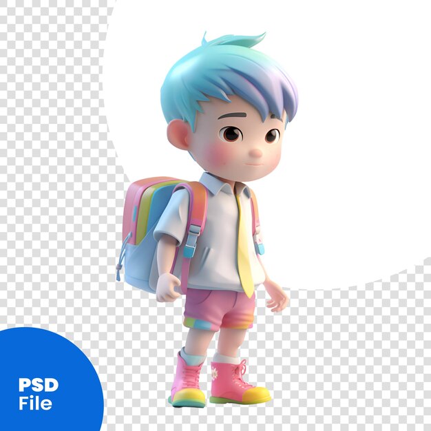 PSD バックパックのpsdテンプレートで可愛い小さな男の子の3dレンダリング