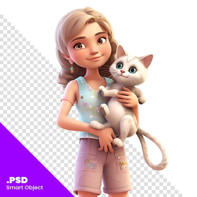 PSD 새끼 고양이 psd 템플릿과 함께 귀여운 작은 소녀의 3d 렌더링