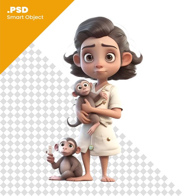 PSD 白い背景のpsdテンプレートにサルと可愛い小さな女の子の3dレンダリング