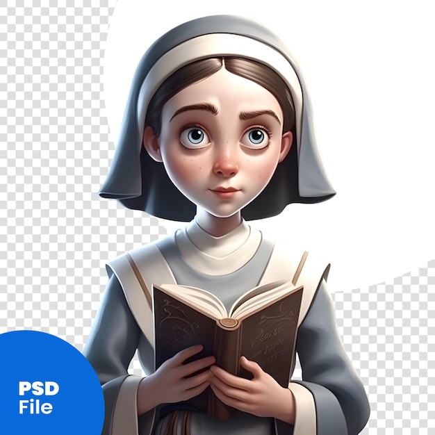 PSD 색 배경에 고립된 책을 읽는 귀여운 수녀의 3d 렌더링 psd 템플릿