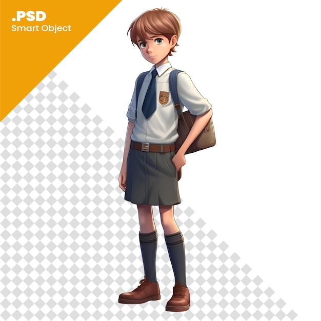 PSD 白い背景のpsdテンプレートに隔離されたバックパックを背負った可愛い学生の3dレンダリング