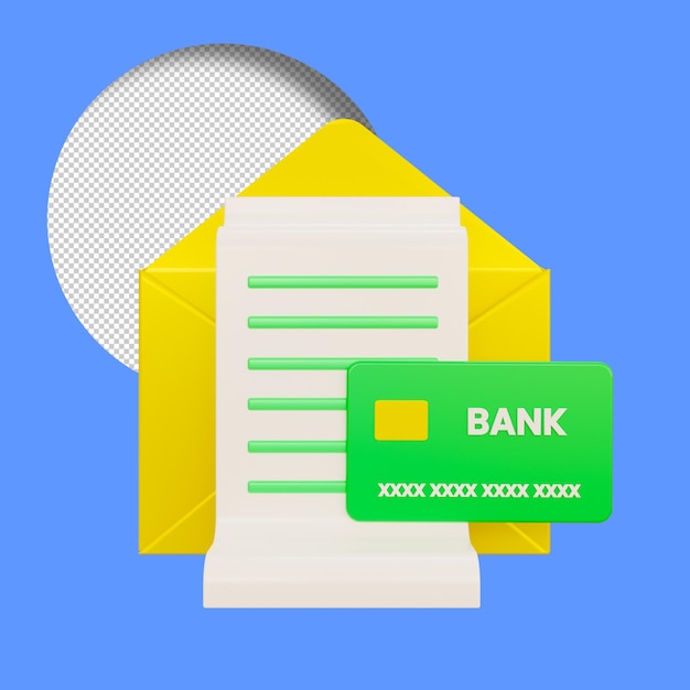 PSD 紙の請求書とクレジット カードが入った封筒の 3 d レンダリング クレジット カード請求封筒イラスト