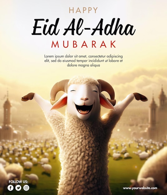 PSD eid al adha feast를 축하하는 행복한 양의 3d 렌더링