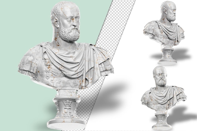 PSD 3d-рендеринг исторической статуи-бюста с золотыми акцентами каменной текстуры идеально подходит для исторических