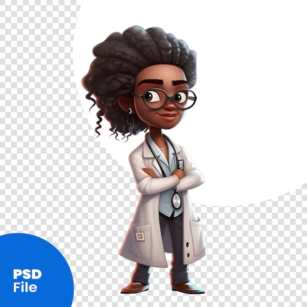 PSD 3d-рендер маленькой черной женщины-доктора с черными очками psd-шаблон