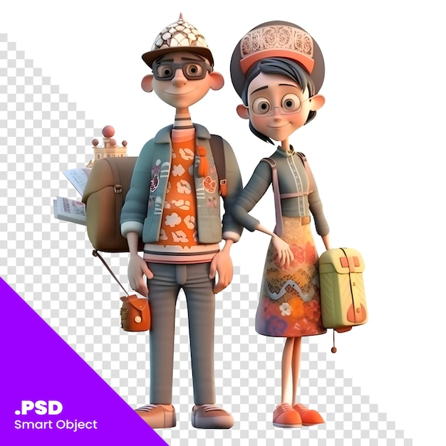 PSD 3d-рендер маленького мальчика и девочки с шаблоном psd рюкзака