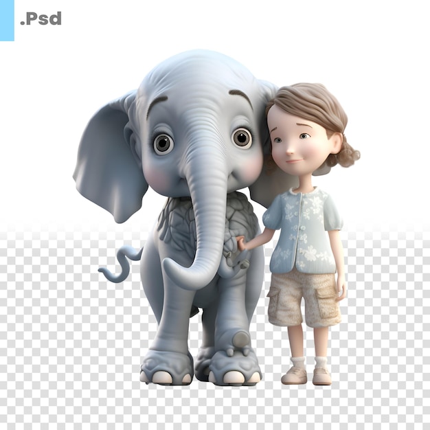 PSD 3d-рендер маленького мальчика и девочки с слонами psd-шаблон