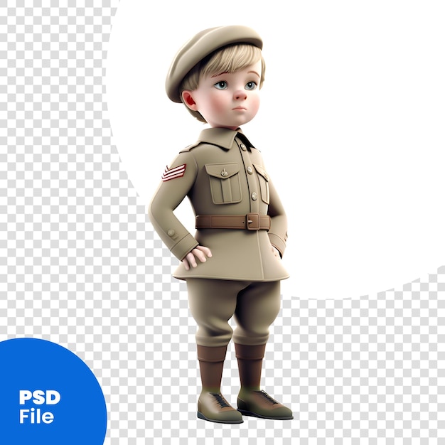 PSD 3d-рендер маленького мальчика в костюме армии второй мировой войны на белом фоне psd-шаблон