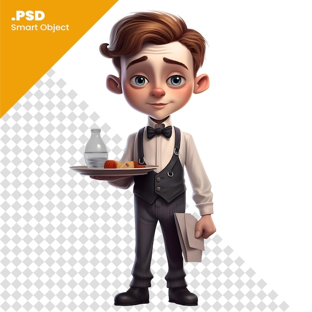 PSD 食品のトレイを持つ小さな男の子のウェイターの 3 d レンダリング psd テンプレート