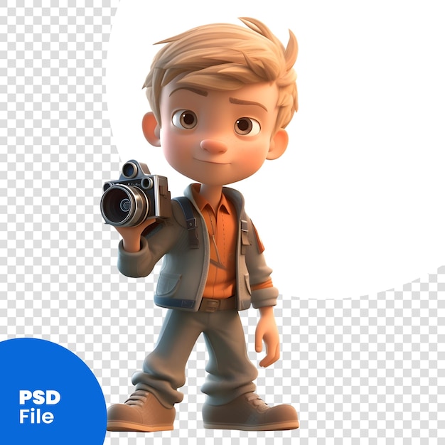 PSD 3d-рендер маленького мальчика с камерой в руке psd-шаблон