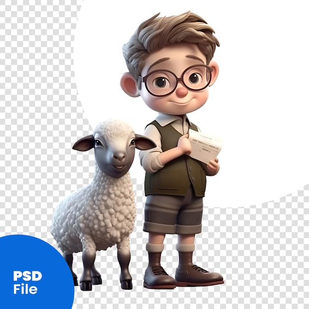 PSD 白い背景のpsdテンプレートに羊を持つ小さな男の子の3dレンダリング