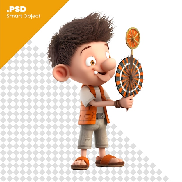 3d-рендер маленького мальчика с антикварным шаблоном psd dartboard