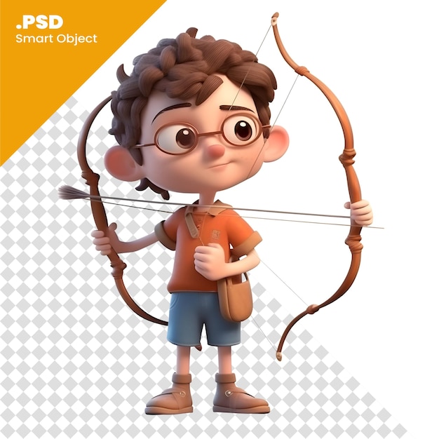 PSD 弓と矢の漫画のキャラクターの psd テンプレートを持つ小さな男の子の 3 d レンダリング