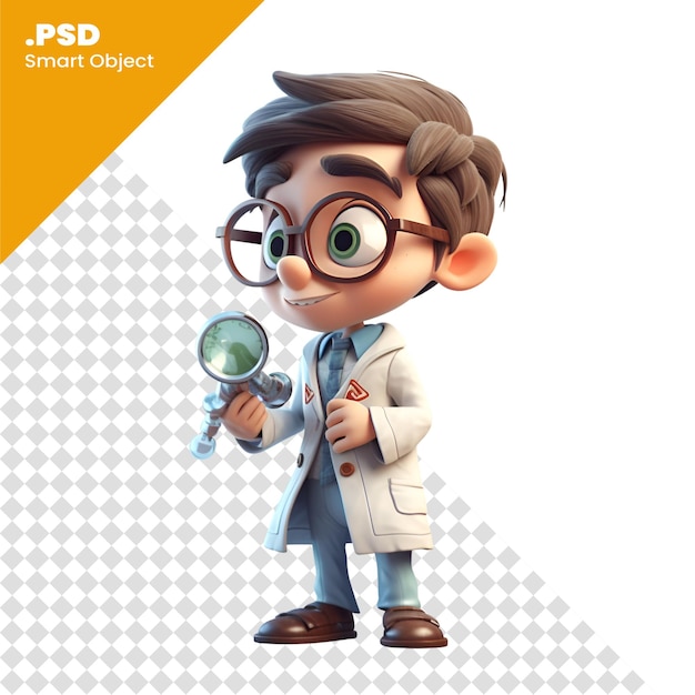 PSD 3d-рендер маленького мальчика с лупой и шаблоном psd
