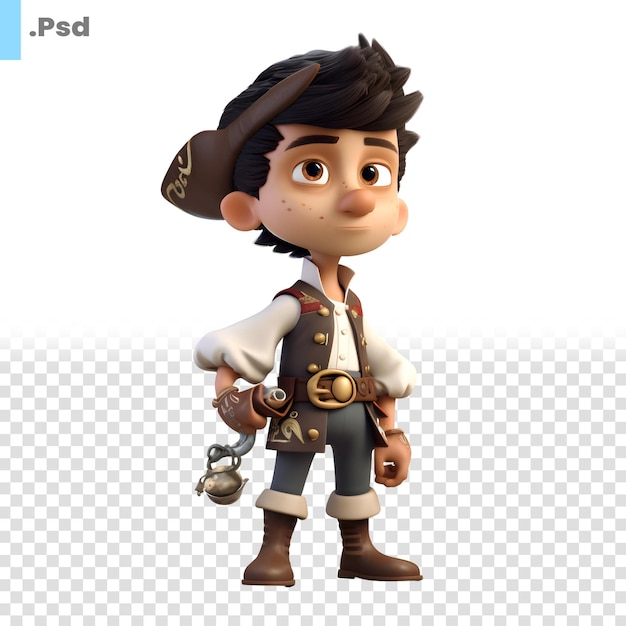 3d-рендер маленького мальчика в пиратском костюме на белом фоне psd-шаблон