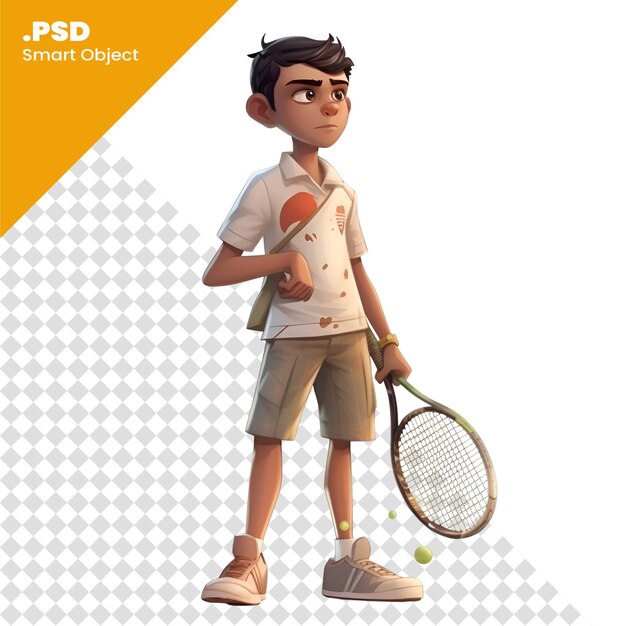 PSD テニスラケットとボールの小さな男の子の3dレンダリング psdテンプレート