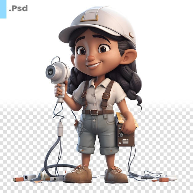 PSD 3d-рендер маленькой девочки-строителя с шаблоном psd инструмента электрика