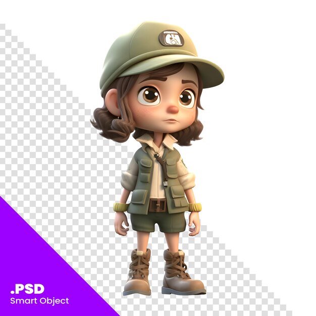 PSD 白い背景のpsdテンプレートに軍帽をかぶった小さな女の子の3dレンダリング