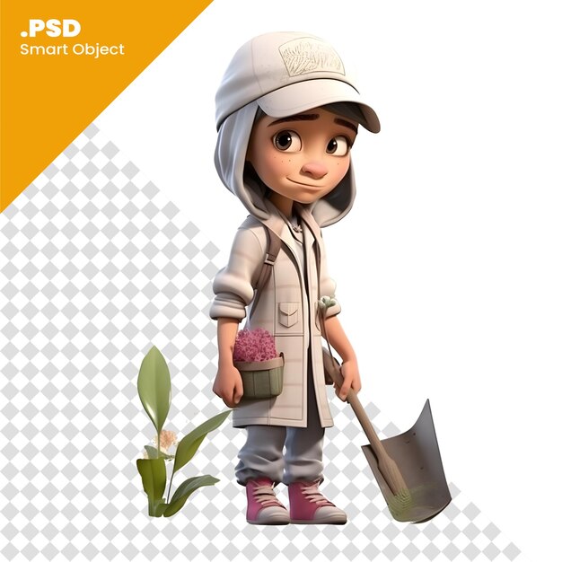 PSD 小さな女の子の3dレンダリングと<unk>と植物の隔離psdテンプレート