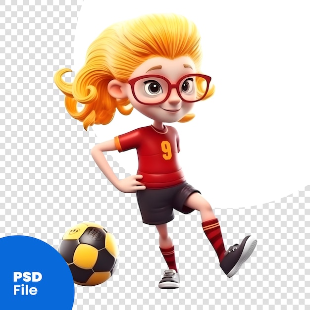 PSD 3d-рендер маленькой девочки с футбольным мячом, изолированным на белом фоне