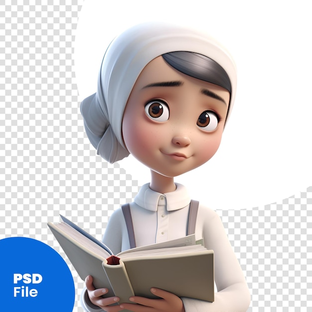 PSD 白い背景のpsdテンプレートで本を読んでいるイスラム教徒の女の子の3dレンダリング