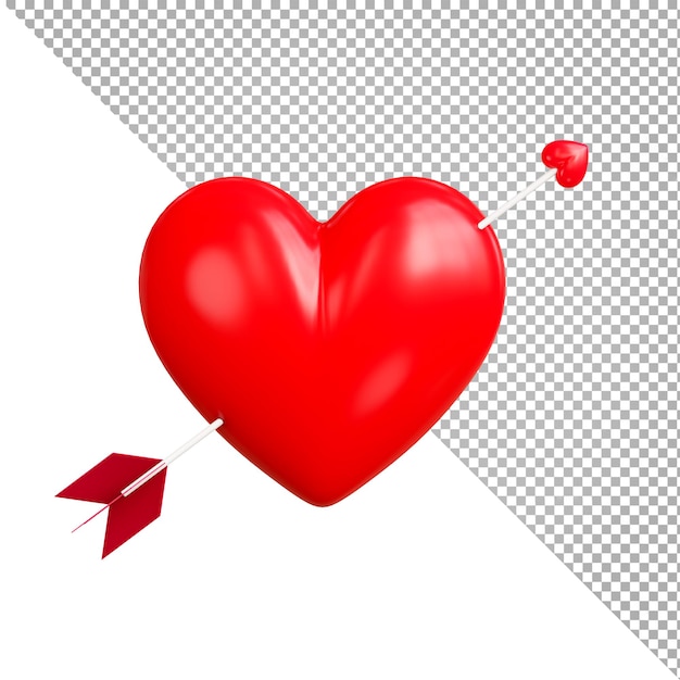 투명한 배경에 화살표가 꽂혀 있는 붉은 심장의 3d 렌더링, 클리핑 패스