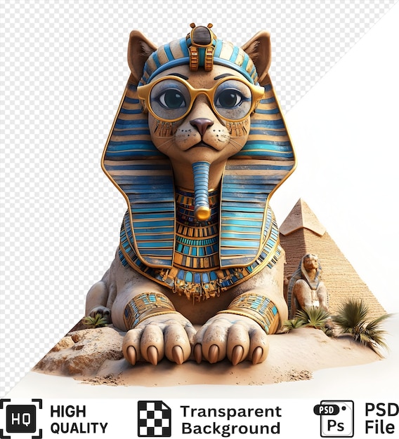 3d render of a sphinx cat wearing glasses with pyramids in the background isolated on a transparent background
