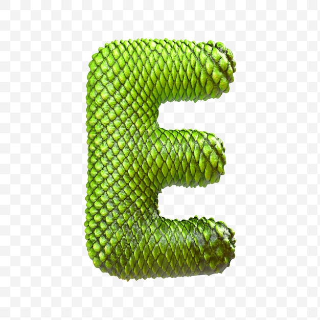 3d визуализация буквы е алфавита из кожи зеленого дракона ом изолированный фон psd
