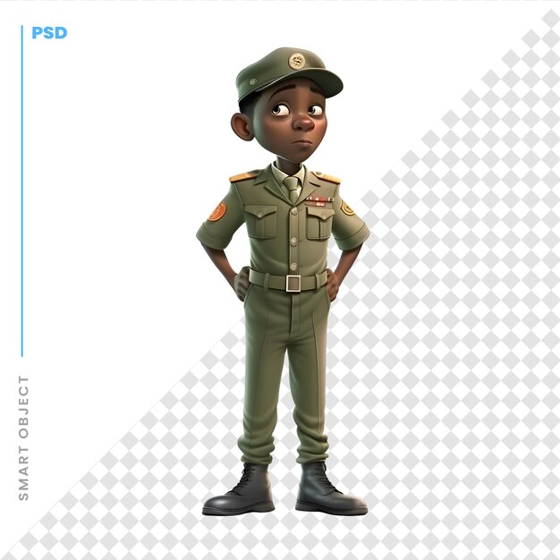 PSD 白い背景に軍服を着たアフリカ系アメリカ人の少年の 3 d レンダリング