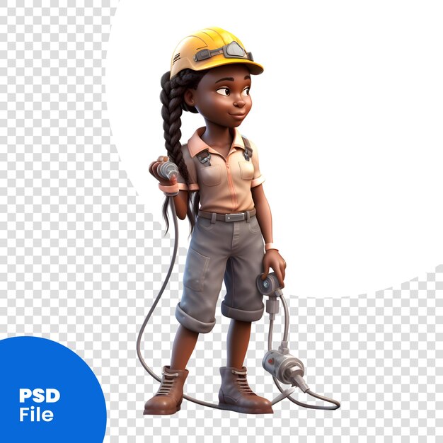 PSD psd-шаблон 3d-рендеринга афроамериканской женщины-строителя с блоком питания