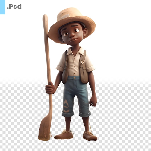 PSD 3d-рендеринг африканского мальчика-сафари с psd-шаблоном лопатки