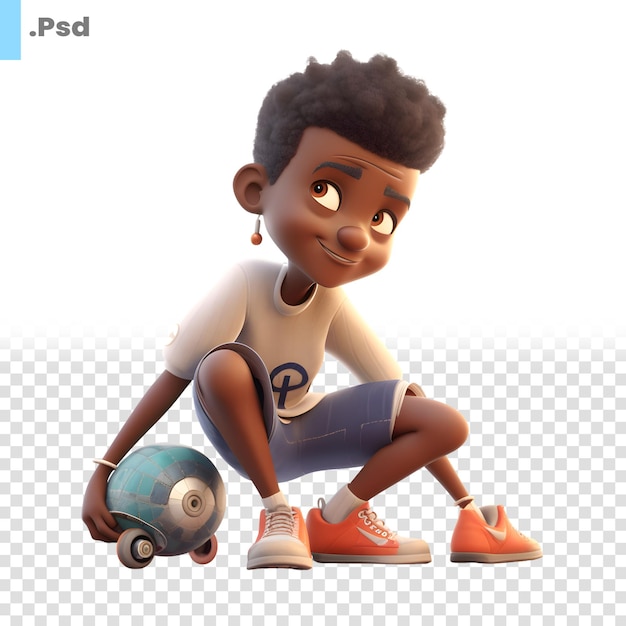 PSD 3d-рендер афроамериканского мальчика с шаблоном скейтборда psd