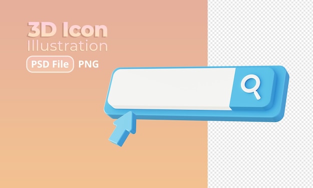 PSD ui ux 웹 모바일 앱 소셜 미디어 광고 디자인을 위한 파란색 검색 표시줄 그림 아이콘의 3d 렌더링