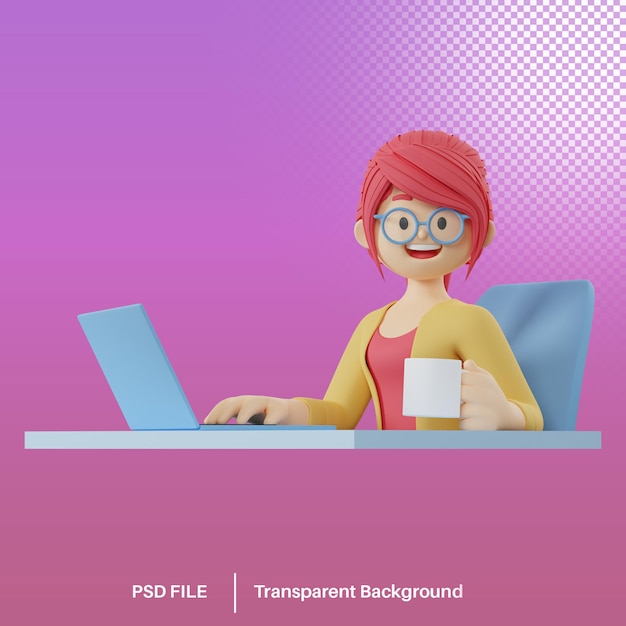 3d визуализация персонажа из мультфильма, работающего на ноутбуке