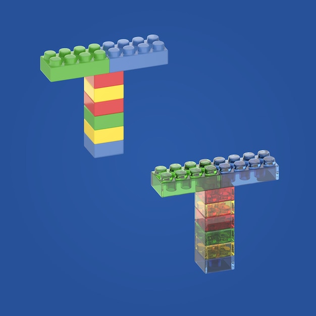 3D Render of Colorful Bricks Letter T