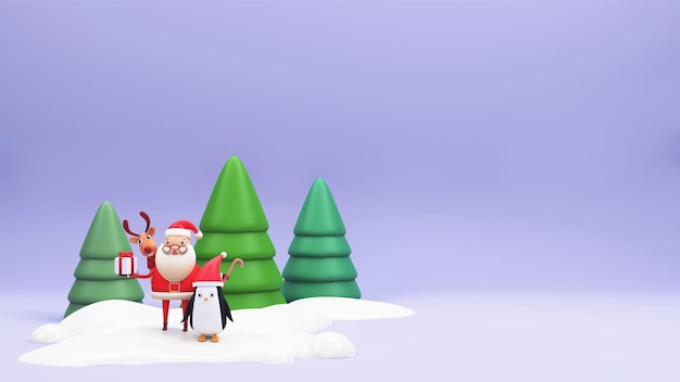3d-рендеринг милого санта-клауса, держащего подарочную коробку с конфетной тростью, оленьим пингвином, стоящим и рождественскими деревьями на снежном пастельном фиолетовом фоне