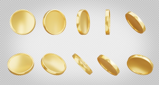 3d render of gold coins collection on transparent background